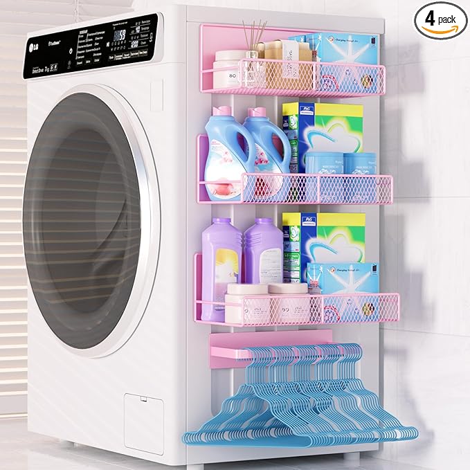 Magnetic Shelf for Washing Machine 4-Pack: Widen Magnetic Laundry Organizer (5"-6") with Hanger Organizer, Strong Magnet, Rust Proof, Heavy Duty Magnetic Spice Rack for Refrigerator (Pink)