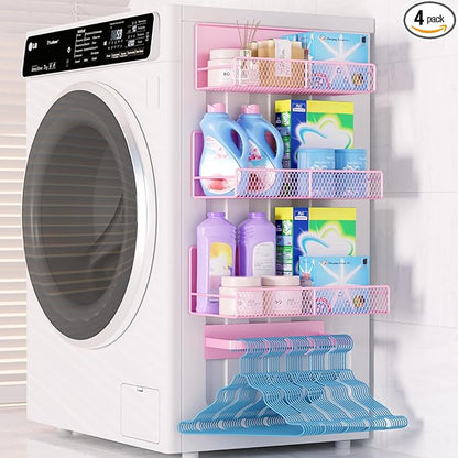 Magnetic Shelf for Washing Machine 4-Pack: Widen Magnetic Laundry Organizer (5"-6") with Hanger Organizer, Strong Magnet, Rust Proof, Heavy Duty Magnetic Spice Rack for Refrigerator (Pink)