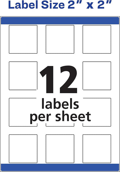 Avery Printable Blank Square Labels, 2" x 2", Matte White, 120 Customizable Labels (22816)