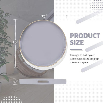 MAONAME 13" Gray Round Tray, Grey Serving Tray with Handles, Modern Round Decorative Trays for Coffee Table, Plastic Trays for Ottoman, Bathroom, Decor