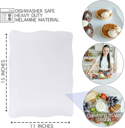 Large Melamine Tray 15" x 11" - Rectangular White Serving Tray and Platter for Food, Appetizers, Cookies, Grill or Party Snacks - Dishwasher Safe - Set of 2