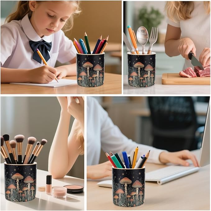 WAVEYU Pen Holder, Pencil Cup for Desk, Cute Makeup Brush Holder, Durable Ceramic Organizer Decor for Room, Office, Classroom, Cute Mushroom Pattern