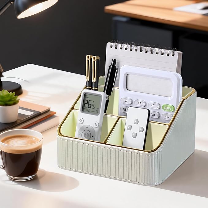 ACUDUDOMA PU Leather Remote Control Organizer Holder, 4-Compartment Small Desk Organizer, All-in-One Desk & Nightstand Caddy for Remotes, Phones, Glasses & Office Accessories