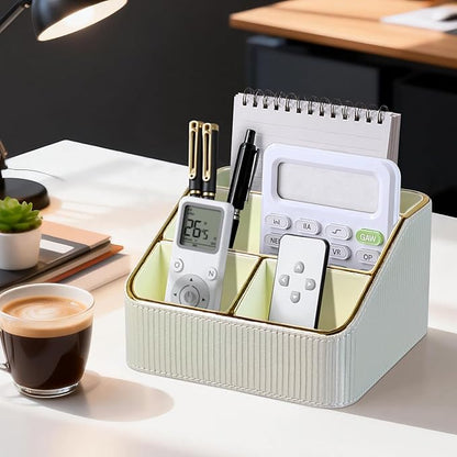 ACUDUDOMA PU Leather Remote Control Organizer Holder, 4-Compartment Small Desk Organizer, All-in-One Desk & Nightstand Caddy for Remotes, Phones, Glasses & Office Accessories