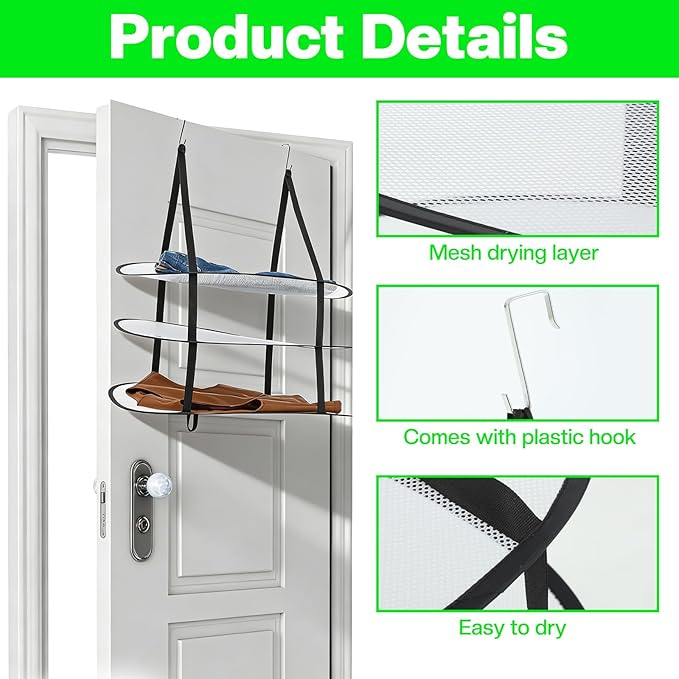 MAQUITA 2 Pcs 3 Tier Sweater Drying Rack Flat Over The Door Folding Drying Rack Large Lay Laundry Hanging Dryer Mesh Clothes Dry Hanger for Apartments Dorms Bathrooms (Black, 27 x 18.1 x 31.5 Inch)