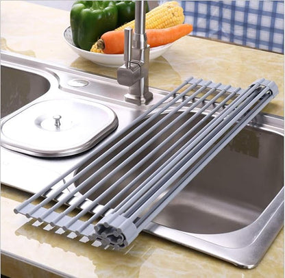 Pezixueran Roll Up Dish Drying Rack Over The Sink.Foldable Kitchen Drainer,Fully Silicone Cover Stainless Steel Bar,Heat-Resistant, Anti-Slip Sink Rack for Kitchen Counter Multipurpose.