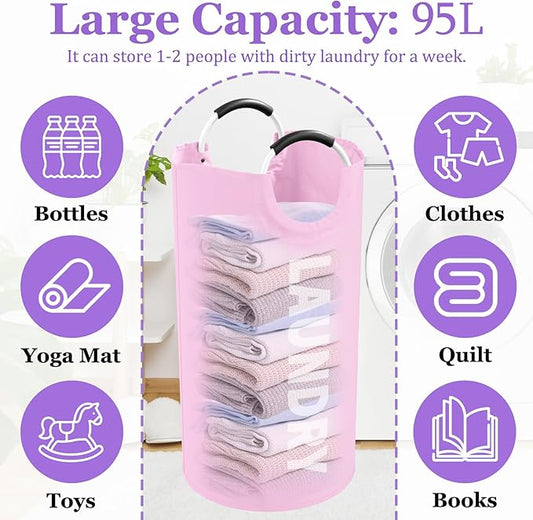 95L Large Laundry Basket with Handles, Foldable Clothes Hampers Stand Up Well, Waterproof Dirty Clothes Hamper, Rugged Laundry Basket for Flat, Dorm, Hotel, Pink