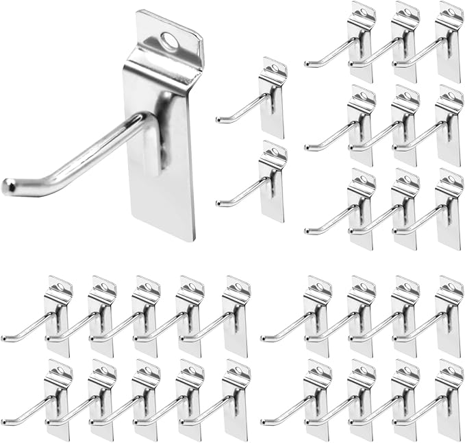 30Pcs 2 Inch Silver Slatwall Panel Hooks, Heavy Duty Slat Wall Hanging Display Hooks Pegboard Metal Hanger Hook for Gridwall Garage Shop Retail