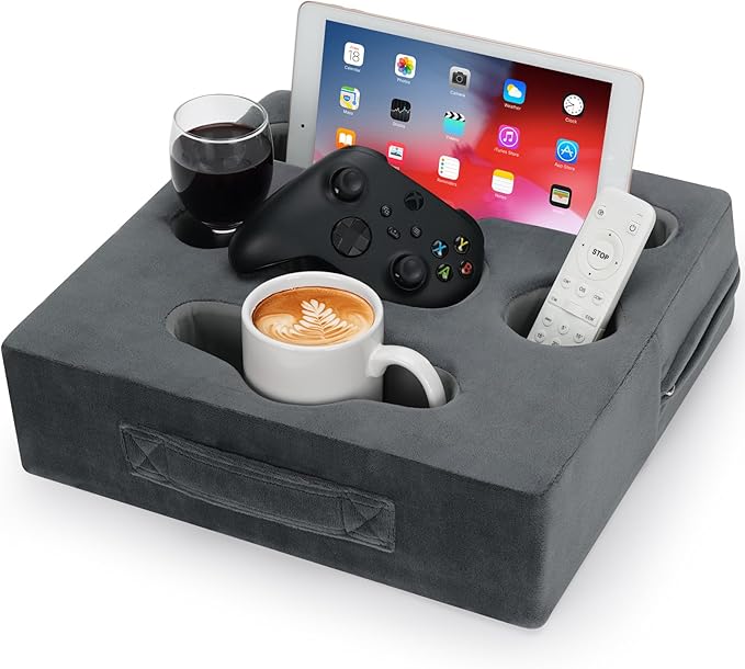 STBoo Couch Cup Holder Pillow - Sofa Drink Cup Holder Cozy Buddy | Bed Caddy Organizer Holds Remote, Snacks, Phones, Tablet | Waterproof Anti-Spill Sofa Beverage Tray for Car, Beach, RV, Boat (Grey)