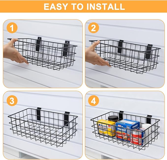 12Pack Slatwall Organizer Kit with 4PCs Slatwall Baskets (10.5 to 13.5 inches), and 8PCs Slat Wall Hooks Heavy Duty, Slatwall Accessory for Garage, Retail Display and Home Storage