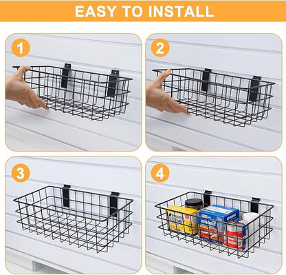 12Pack Slatwall Organizer Kit with 4PCs Slatwall Baskets (10.5 to 13.5 inches), and 8PCs Slat Wall Hooks Heavy Duty, Slatwall Accessory for Garage, Retail Display and Home Storage