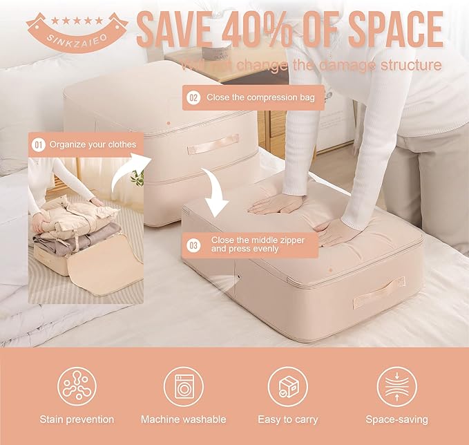 Ultra Space Saving Self Compression Organizer,Packing Cubes,Waterproof And Moisture-Proof,High Capacity,For Blankets Clothes Duvet Comforter（Apricot 21.2 * 16.2 * 11.8 In-2pcs）
