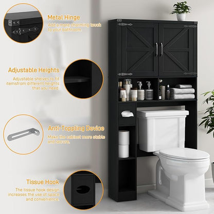 Vabches Over The Toilet Storage Cabinet, Farmhouse Storage Cabinet Over Toilet with 2 Barn Doors && Toilet Paper Holder Stand，Home Space-Saving Toilet Rack, for Laundry, Restroom, Bathroom.Pure Black