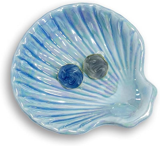 Shell Jewelry Dish Tray for Women, Ceramic Seashell Jewelry Ring Holder Dish, Jewelry Plate Trinket Dish for Necklace, Earring, Ring, Mother's Day Christmas Gift, 3.9", Sky Blue Iridescent Surface