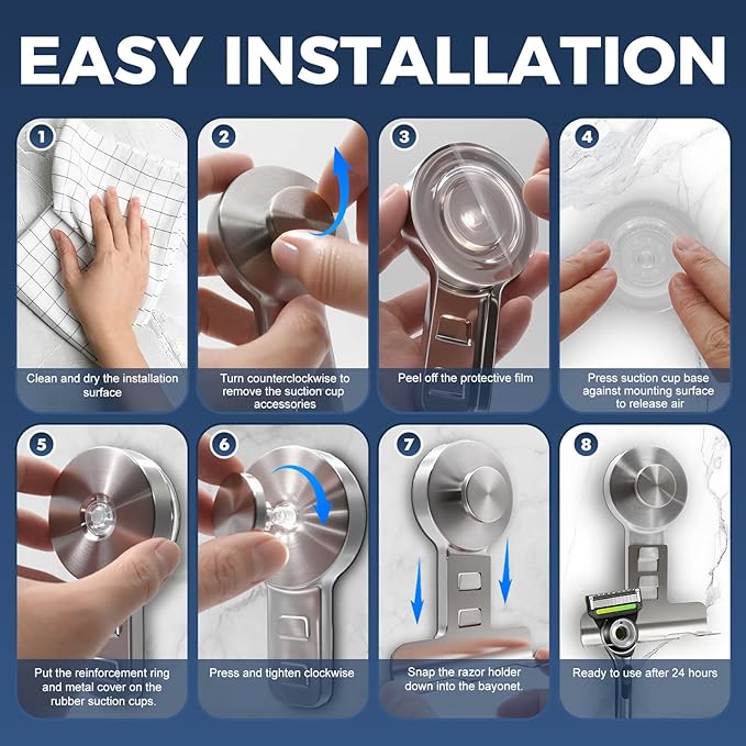 WingWider Suction Cup Razor Holder for Shower Wall 2 Pack,Heavy-Duty 15lbs Suction Hooks for Razor,Towel,Phone,Loofah, Removable Damage-Free Metal Shower Hook,Shaver Holder(Silver)