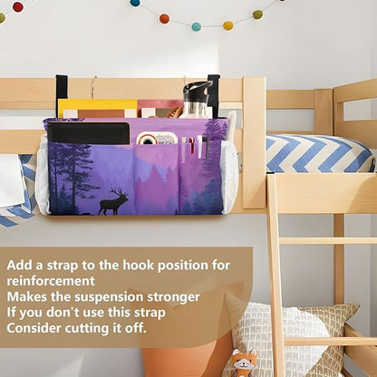 CuwrYet Bedside Caddy Hanging Bunk Bed Caddy Bed Organizer Hanging Pocket with 2 Hooks Bedside Storage Organizer Pocket Bag Holder Purple Stag Mountains and Forest