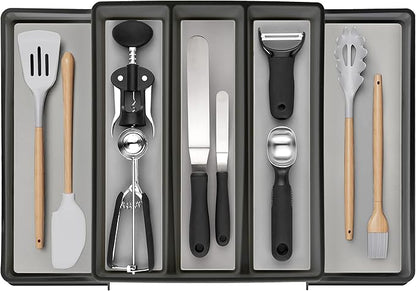 ELTOW Expandable Utensil Drawer Organizer, 5 Compartment Non-Slip & Adjustable Large Utensil Organizer for Kitchen Drawers, Kitchen Organization for Utensils, Flatware Storage Tray (Black)