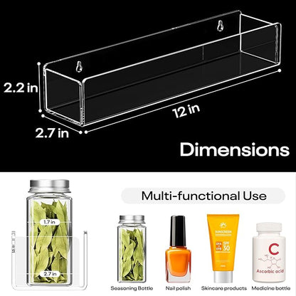 Wall Mounted Acrylic Spice Rack 2 Pack, 12 Inch Clear Pantry Door Organizer, Floating Spice Organizer, Adhesive or Screw Mounted Cabinet Seasoning Shelf