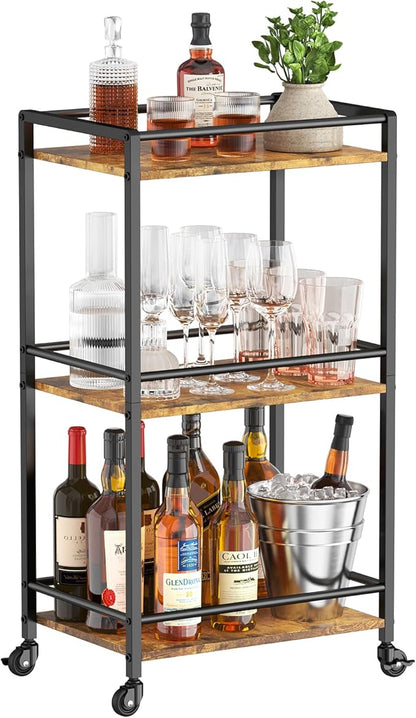 Lifewit Bar Cart for The Home, 3 Tier Rolling Wine Cart, Drink Serving Cart with Lockable Wheels, Mini Liquor Utility Cart for Dining Living Room, 43 x 30 x 81.5 cm/17x 11.8 x 32.1 inch, Rustic Brown