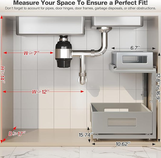 2 Pack 15.74IN-Depth Under Sink Organizer With Next-Gen Ball-Bearing Slides,2-Tier Pull Out Cabinet Storage,Height Adjustable Drawer Shelf for Bathroom,Kitchen,Laundry,Cabinet,Pantry-Gun Gray