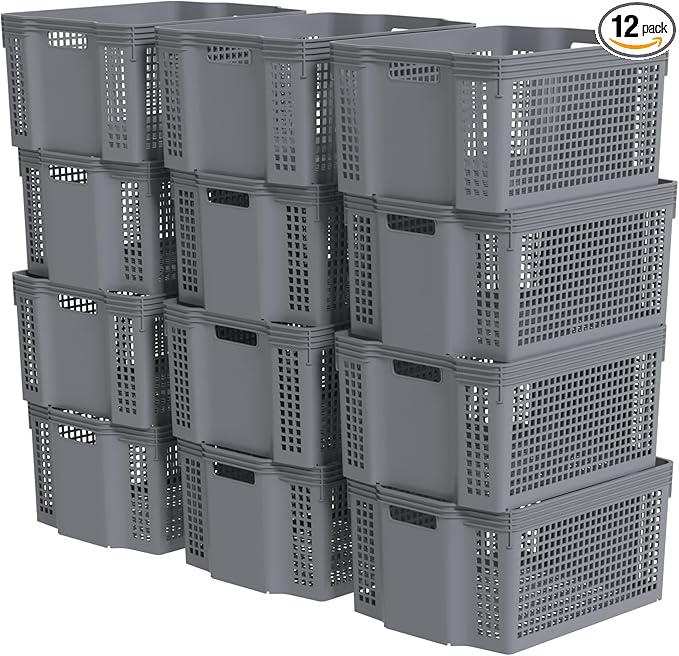 12-Pack Large Organization Basket, Pantry Storage Bins, Stackable Plastic Storage Basket for Organizing(Gray)