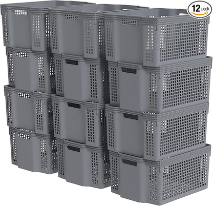 12-Pack Large Organization Basket, Pantry Storage Bins, Stackable Plastic Storage Basket for Organizing(Gray)