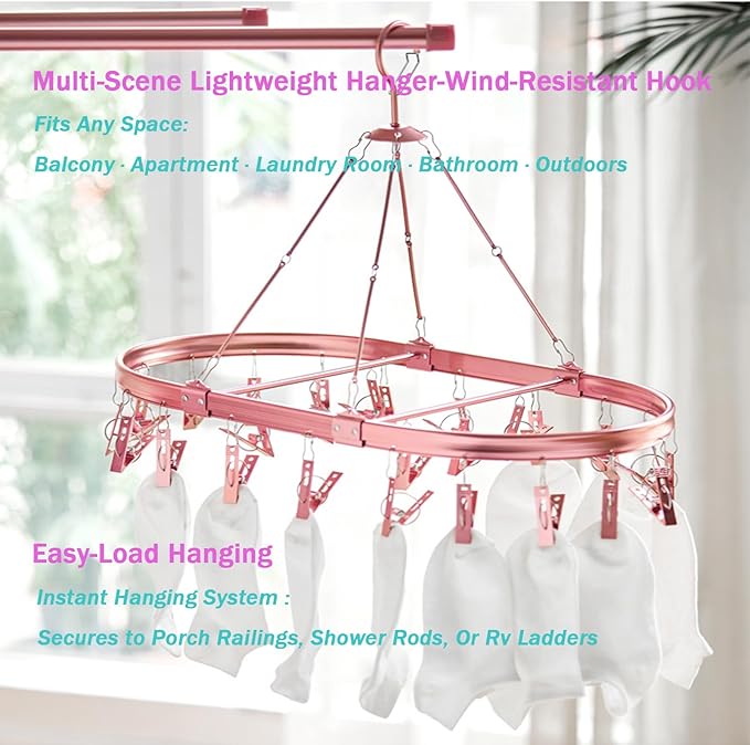 Underwear Hanger for Drying with 26 Clips - Aluminum Hanging Drying Rack for Socks, Lingerie & Baby Clothes | Wind-Resistant Hook & Oval Design (Rose Gold)