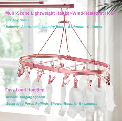 Underwear Hanger for Drying with 26 Clips - Aluminum Hanging Drying Rack for Socks, Lingerie & Baby Clothes | Wind-Resistant Hook & Oval Design (Rose Gold)