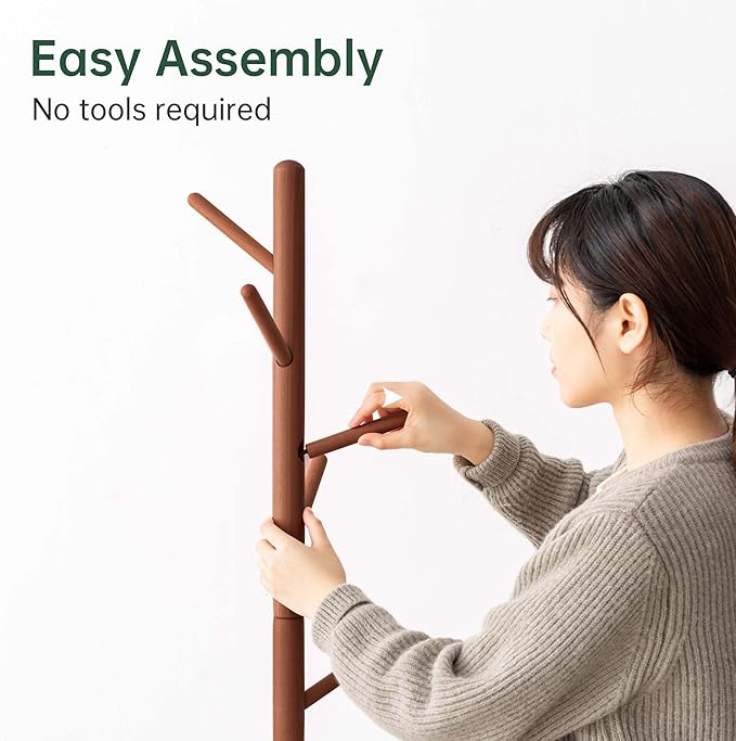 Solid Wood Coat Rack, Freestanding Coat Rack for Entryway, Hallway, Home Office, Living Room, Bedroom, 15" x 15" x 67.3", Beech Wood, Walnut