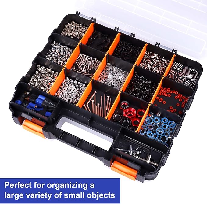 Small Parts Organizer Double Sided Parts Organizer with Removable Dividers 34-Compartments Storage Bins for Hardware, Screws, Nuts, Bolts, Washers, Nails, Fasteners, Tools