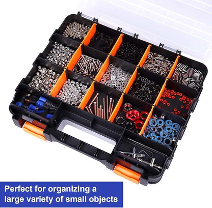 Small Parts Organizer Double Sided Parts Organizer with Removable Dividers 34-Compartments Storage Bins for Hardware, Screws, Nuts, Bolts, Washers, Nails, Fasteners, Tools