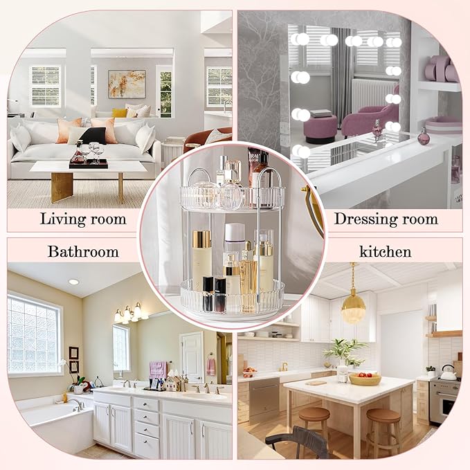 ALUYUYO Rotating Makeup Organizer, 360° Spinning Makeup Storage Holder Rack, Dresser Bathroom Organizer Countertop, Large Capacity Perfume Skincare Lipstick Organizer for Vanity.(2 Tiers, Transparent)