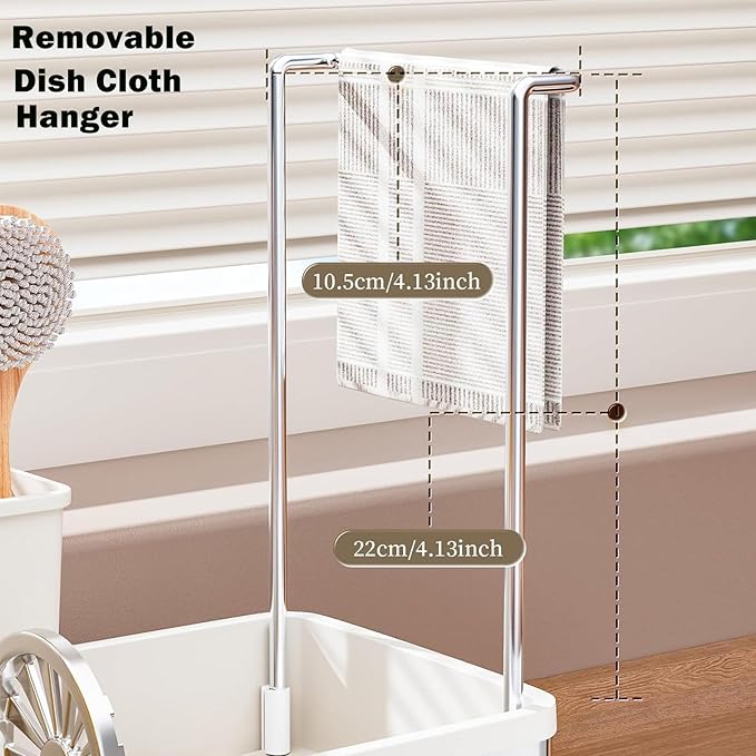 SOVGIZF Sponge Holder for Kitchen Sink,Sink Caddy Organizer with Removable Brush Holder,Kitchen Countertop Soap Dispenser Storage with Detachable Towel Rack,White