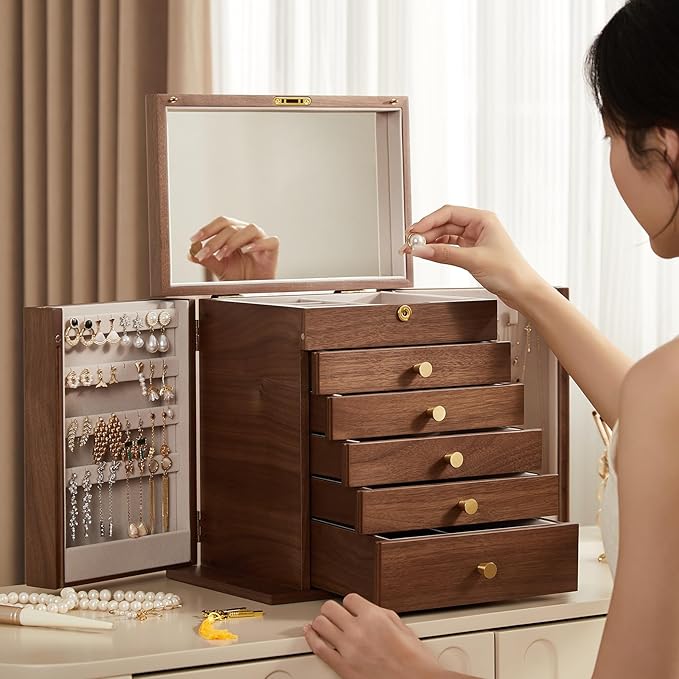 Homruilink Black Walnut Wooden Jewelry Box, Wood Jewelry Organizer with 2 Side Doors Mirror Lockable Classical Style for Watch Necklace Ring Earring Storage Christmas Gifts-6 Layer