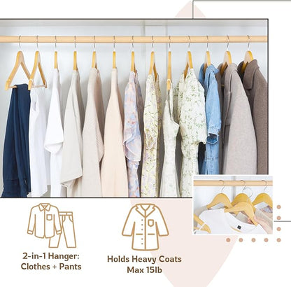 ELONG HOME Wooden Hangers, 20 Pack Wood Hangers with Extra Smooth Finish, Precisely Cut Notches and Chrome Swivel Hook, Wooden Clothes Hangers for Shirt Suit Jacket Dress