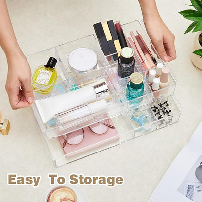 Briwooody 3 Pcs Clear Acrylic Desk Drawer Organizer 13.7 x 8.7 x 2 Inch Drawer Organizer Trays with 8 Compartments Desk Accessories for Office Makeup Silverware Bathroom