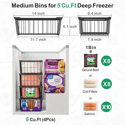 iSPECLE Chest Freezer Organizer - 3 Pack Stackable Deep Freezer Organizer Bins for 5 Cu Ft Freezer Sort Frozen Food, Freezer Organizer Bins Get Food Easily with Handle Add Storage Space, Black