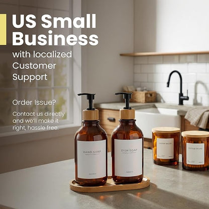 Maisonovo Plastic Soap Dispenser Set | Hand Soap and Dish Soap Dispenser Set | 16.9oz Amber Bottles with Black Bamboo Pump | Bathroom Lotion Dispenser with Pump Set of 2