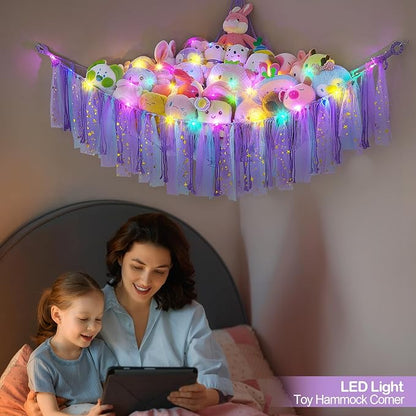FIOBEE Stuffed Animals Net or Hammock with LED Light, Toy Hammock Hanging Stuffed Animals Storage Organizer Holder Room Décor for Nursery Kids Bedroom
