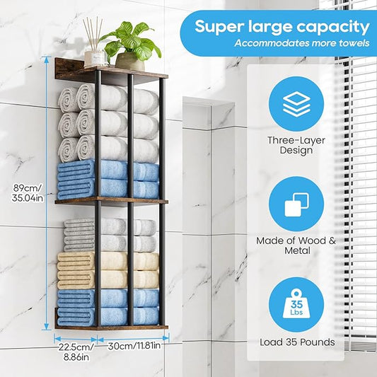 Towel Racks for Bathroom Wall Mounted with Wooden Storage Shelf, Updated 3 Bar Metal Towel Holder for Rolled Towels, Sturdy and Large Capacity, Towel Storage Organizer