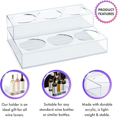 Acrylic Bottle Holder Wine Display Riser | 6 Bottles, 2 Tier Rack | Bar Counter-Top Display Stand | Wine Rack Holder for Kitchen, Pantry, Fridge | Storage Organizer for Wine, Soda, Syrups and Beer