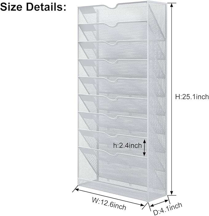 Hanging Wall File Organizer,10-Tier Desk File Mail Holder, Paper Bill Organization For Office Home School, White