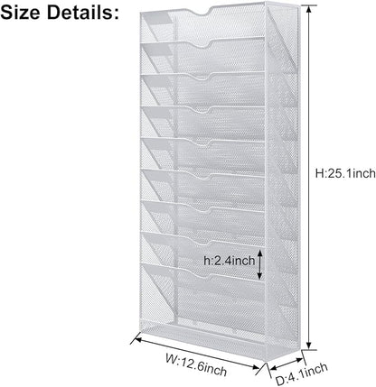 Hanging Wall File Organizer,10-Tier Desk File Mail Holder, Paper Bill Organization For Office Home School, White