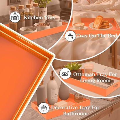 MAONAME Orange Serving Trays Set of 2, Plastic Decorative Trays with Handles, Rectangular Coffee Table Tray for Ottoman, Nesting Tray for Living Room, Bedroom