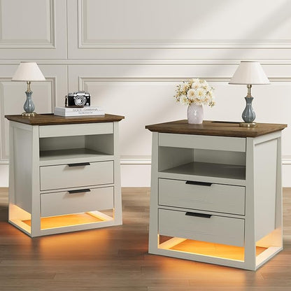 Rresyet 3 Drawer Nightstand with Charging Station & LED Lights & Open Shelf, Modern Night Stand with Storage, Wooden Bedside Table for Bedroom Room, Office (White)