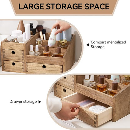 KIRIGEN Wood Makeup Organizer Storage Cabinet Tabletop Cosmetic Organizer Jewelry Storage Box 8 Compartment Makeup Display Case with 3 Drawers Brown(HZG-DBR)