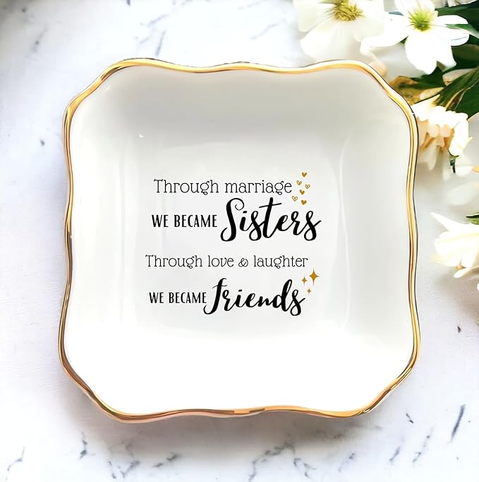 HatafaFurni Gifts for Sister In Law - Through Marriage We Became Sisters - Wedding Gifts, Christmas, Thanksgiving, Birthday Gift for Sister-in-law - Jewelry Dish, Ceramic Ring Dish, white, mil01