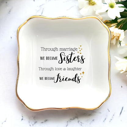HatafaFurni Gifts for Sister In Law - Through Marriage We Became Sisters - Wedding Gifts, Christmas, Thanksgiving, Birthday Gift for Sister-in-law - Jewelry Dish, Ceramic Ring Dish, white, mil01