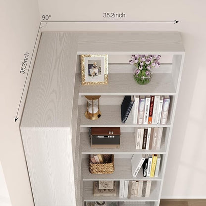 4 EVER WINNER Corner Book Shelf with LED Lights, 71” Corner Bookshelf for Living Room, Study Room, Wooden Storage Display Industrial l Shaped Bookshelf, White
