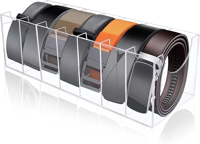 HAKDAY Belt Organizer, Acrylic Belt Storage Holder for The Closet 7 Compartments Display Case for Tie and Bow Tie